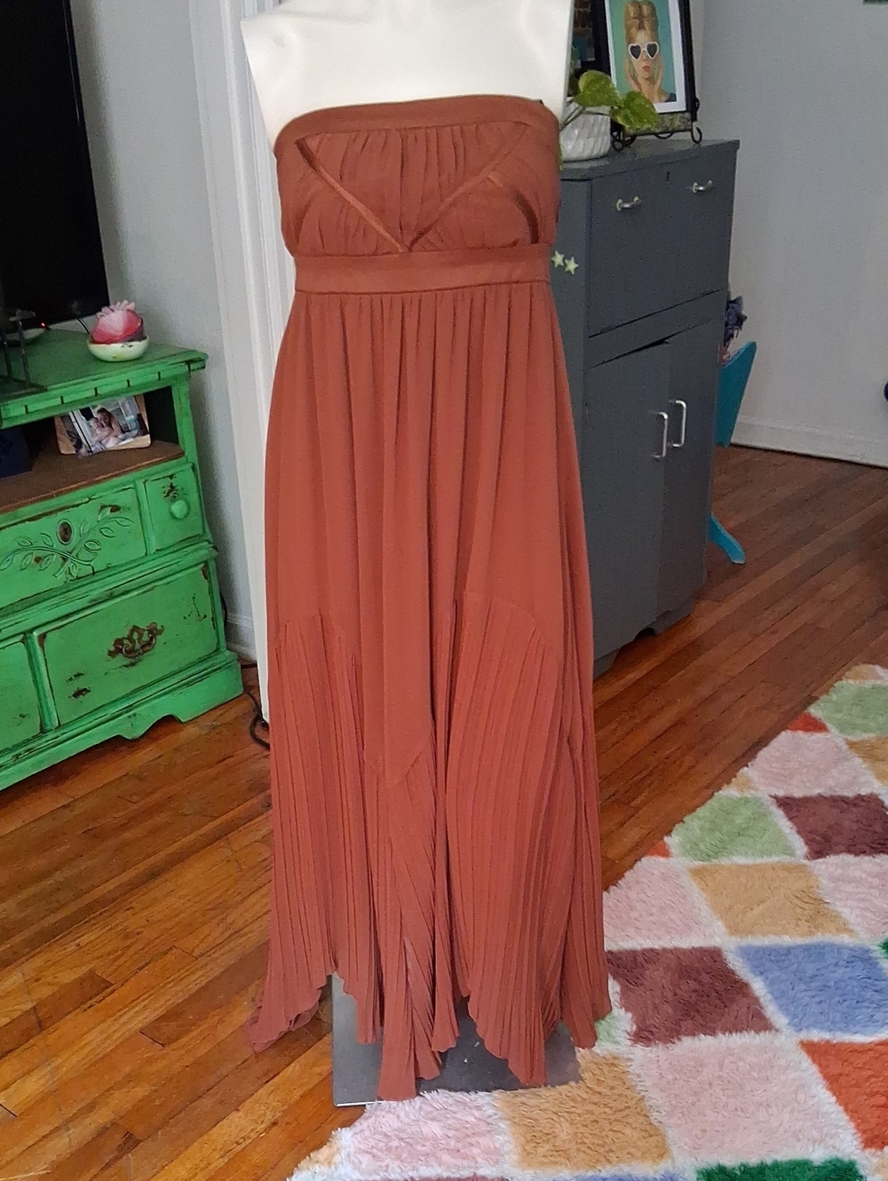 XOXO Strapless Pleated Maxi Dress in Rust Brown